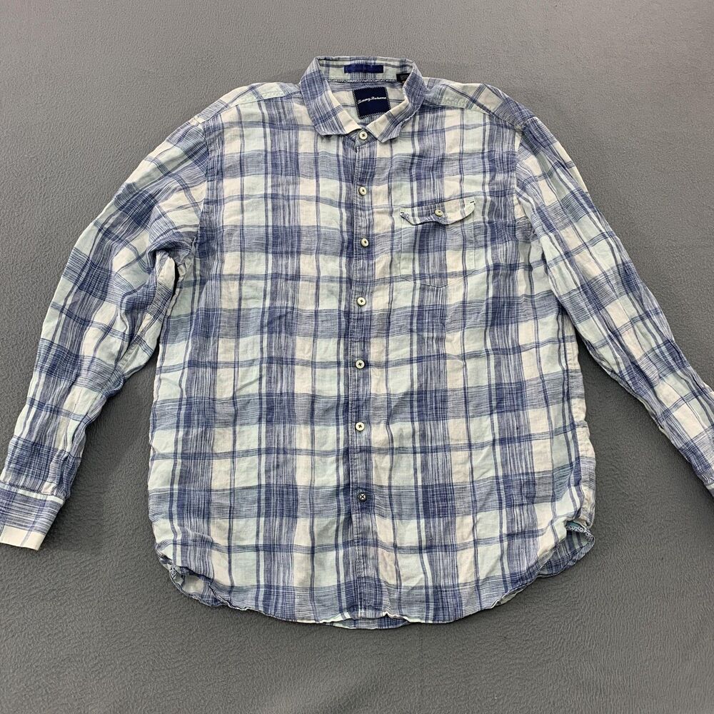Tommy Bahama Shirt Mens XL Blue Plaid Linen Long Sleeve Button Front Casual